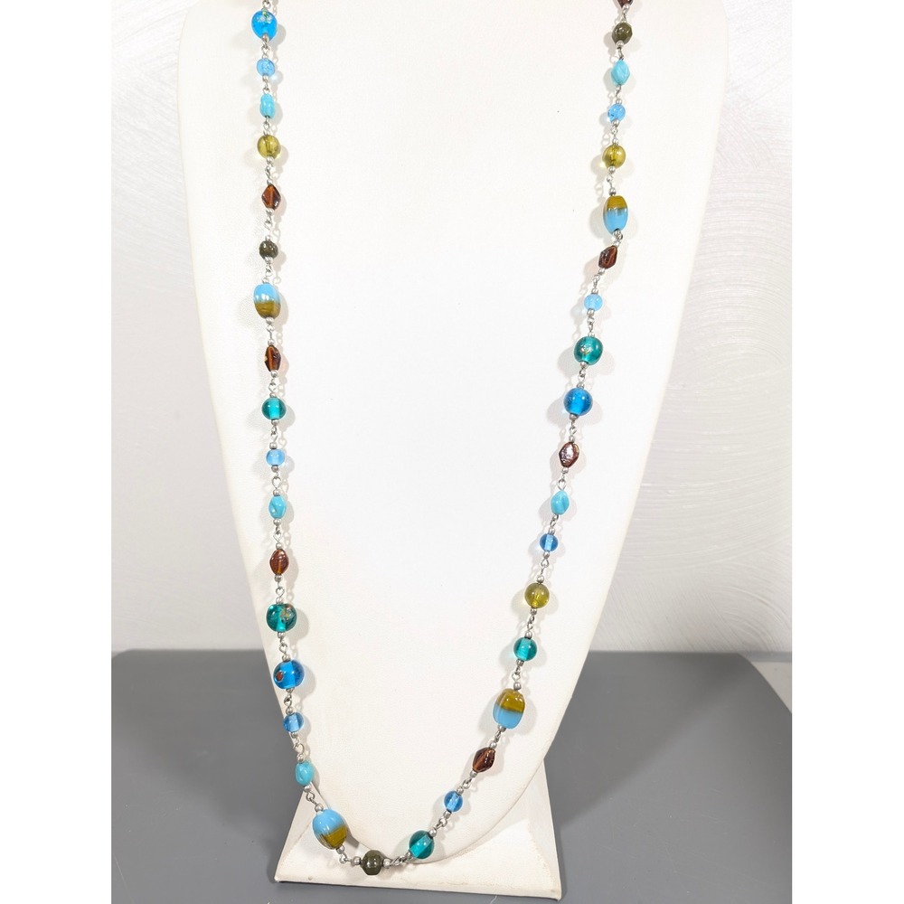 Long Glass Bead Necklace Blue Brown Mixed‎ Beads 40" Boho Layering Statement
